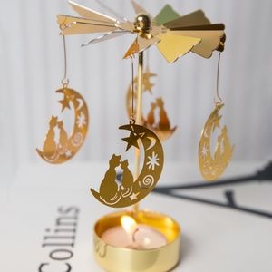 Gold Tone Moon & Cat spinning Candle Holder